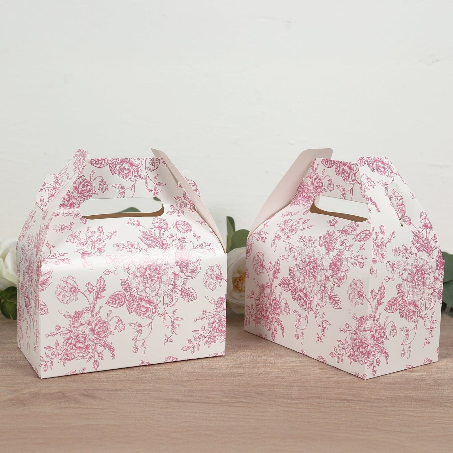 25 Pack Candy Treat Tote Boxes in French Toile Pattern - Matte Pink and White Party Favor Gable Boxes, Cardstock Paper - 6"x3.5"x7"