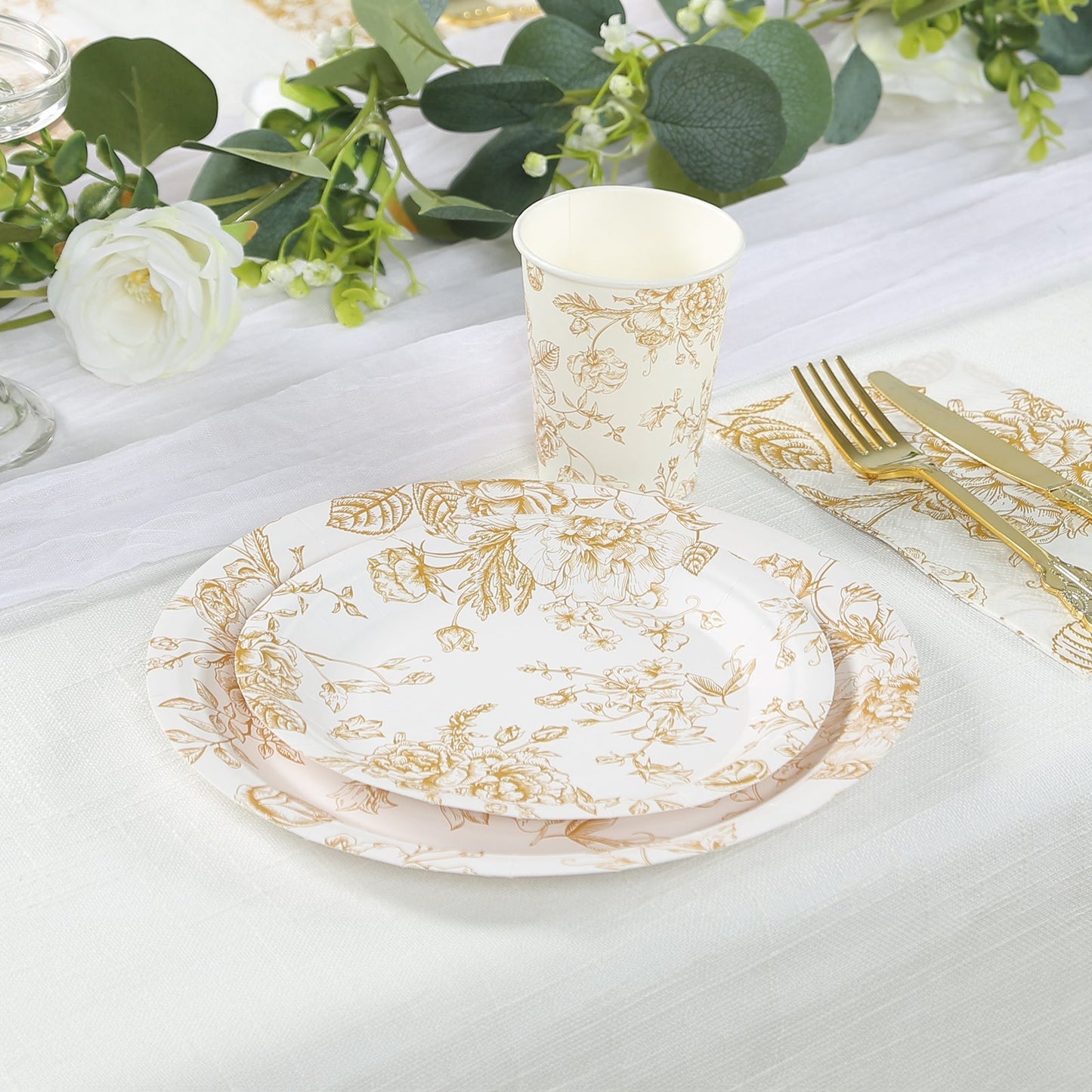 25-Pack Paper 9" Round Dinner Plates in White with Gold French Toile Pattern - Disposable Floral Party Plates for Stylish Events