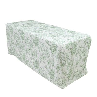 French Toile Fitted Tablecloth 6ft â€“ Dusty Sage Green & White Rectangular Polyester Wrinkle-Resistant Table Cover
