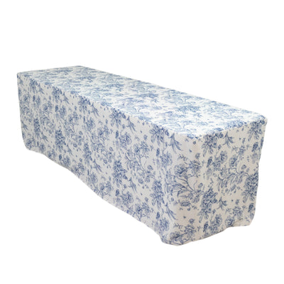 French Toile Fitted Tablecloth 8ft â€“ Blue & White Rectangular Polyester Wrinkle-Resistant Table Cover - Tablecloths