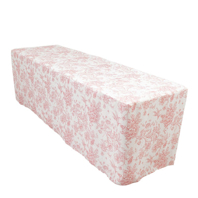 French Toile Fitted Tablecloth 8ft â€“ Pink & White Rectangular Polyester Wrinkle-Resistant Table Cover - Tablecloths