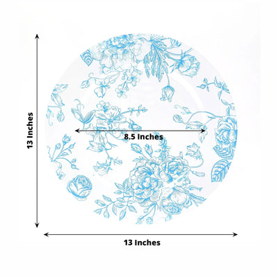 6 Pack Round Floral Acrylic Charger Plates in French Toile Pattern, 13" Clear Light Blue Dinner Charger Event Tabletop Decor
