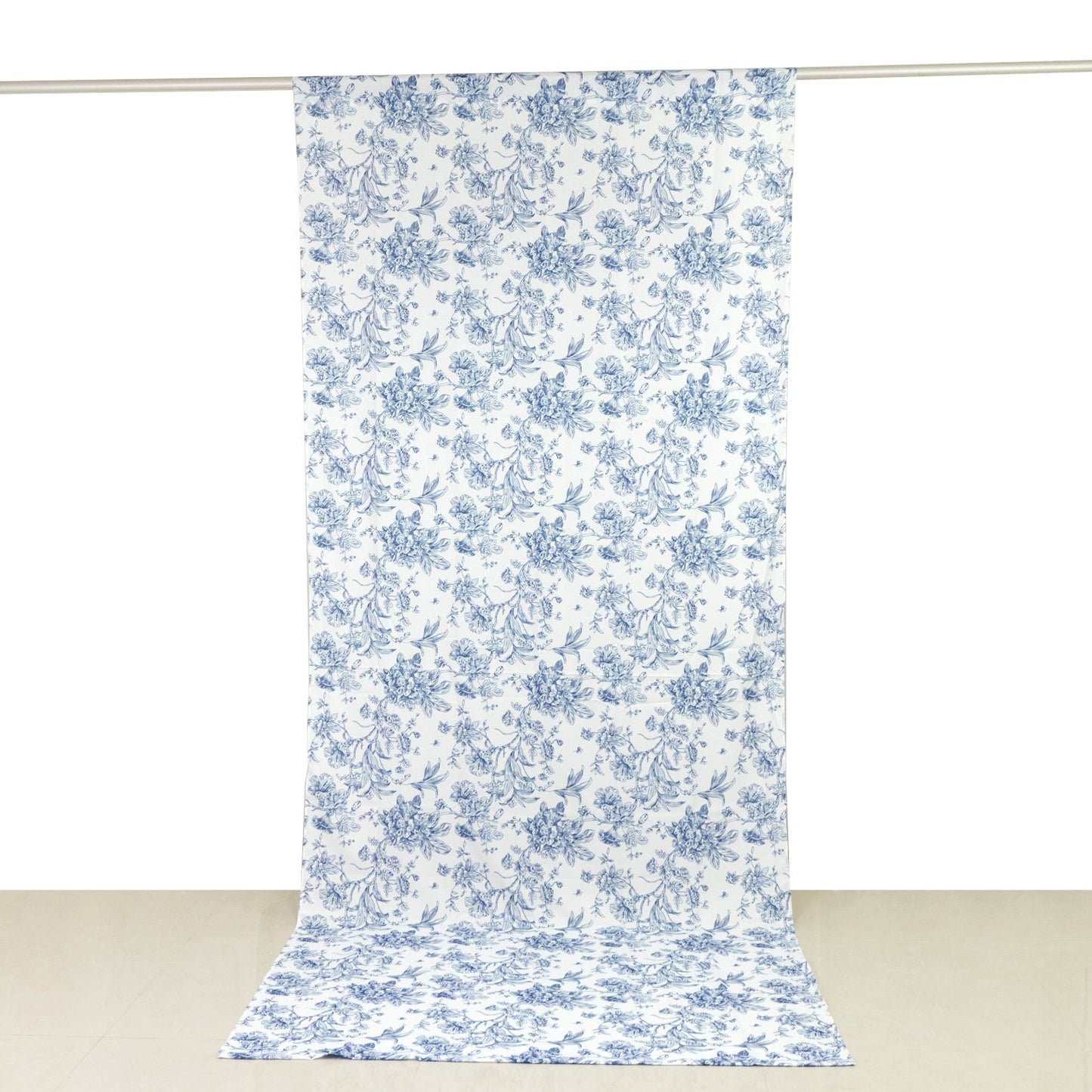French Toile Polyester Backdrop Curtain â€“ Blue Floral 5ft x 12ft Rod Pocket Drape Panel - Backdrops