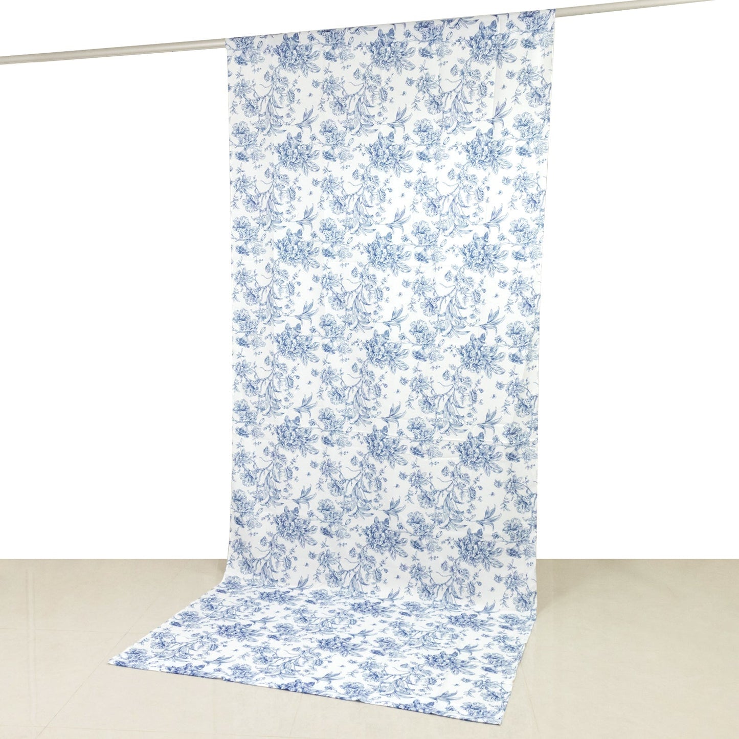 French Toile Polyester Backdrop Curtain â€“ Blue Floral 5ft x 12ft Rod Pocket Drape Panel - Backdrops