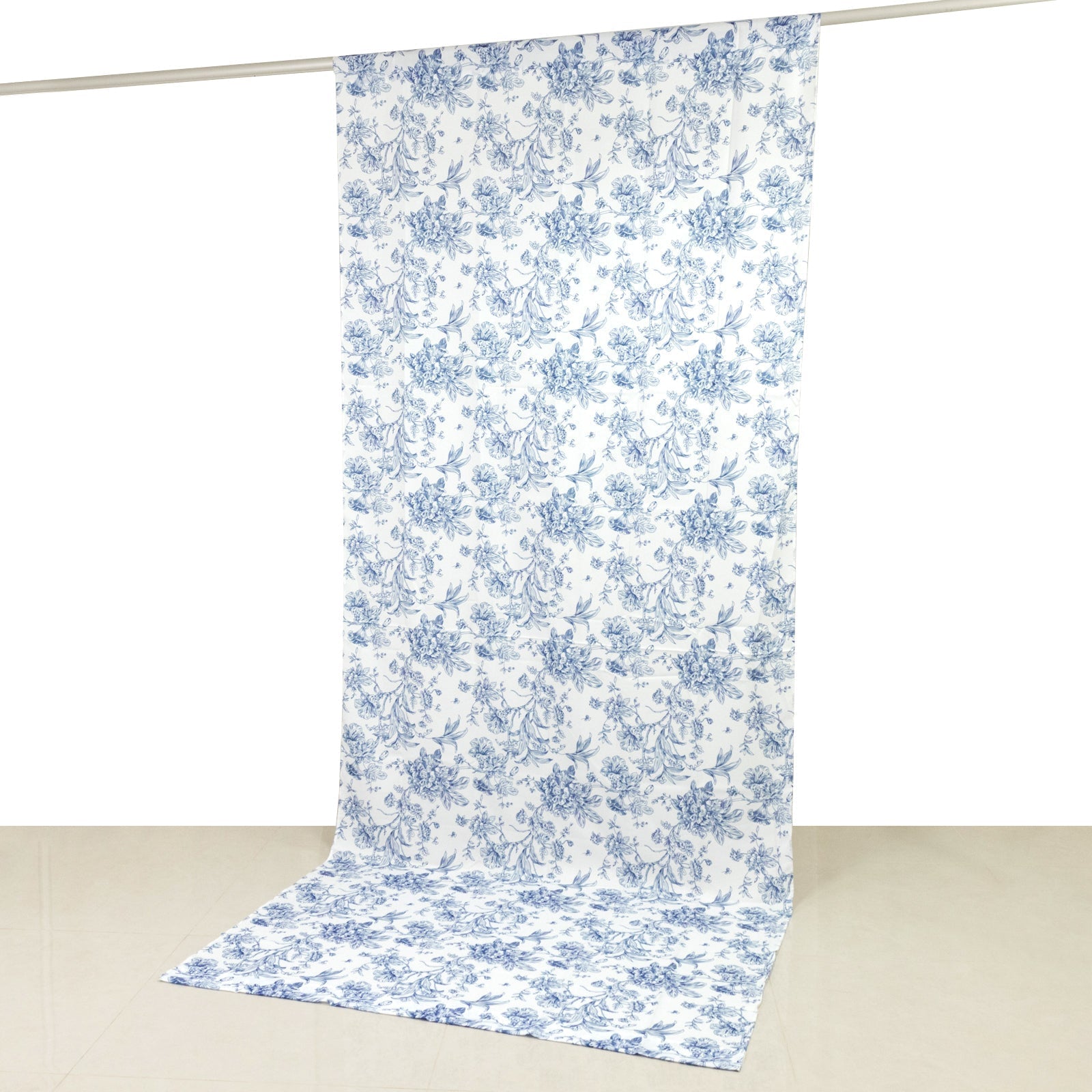 French Toile Polyester Backdrop Curtain â€“ Blue Floral 5ft x 12ft Rod Pocket Drape Panel - Backdrops