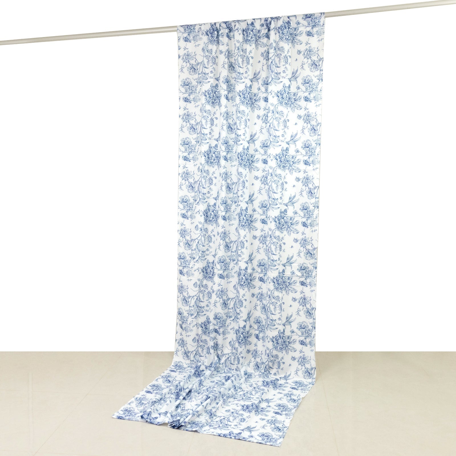 French Toile Polyester Backdrop Curtain â€“ Blue Floral 5ft x 12ft Rod Pocket Drape Panel - Backdrops