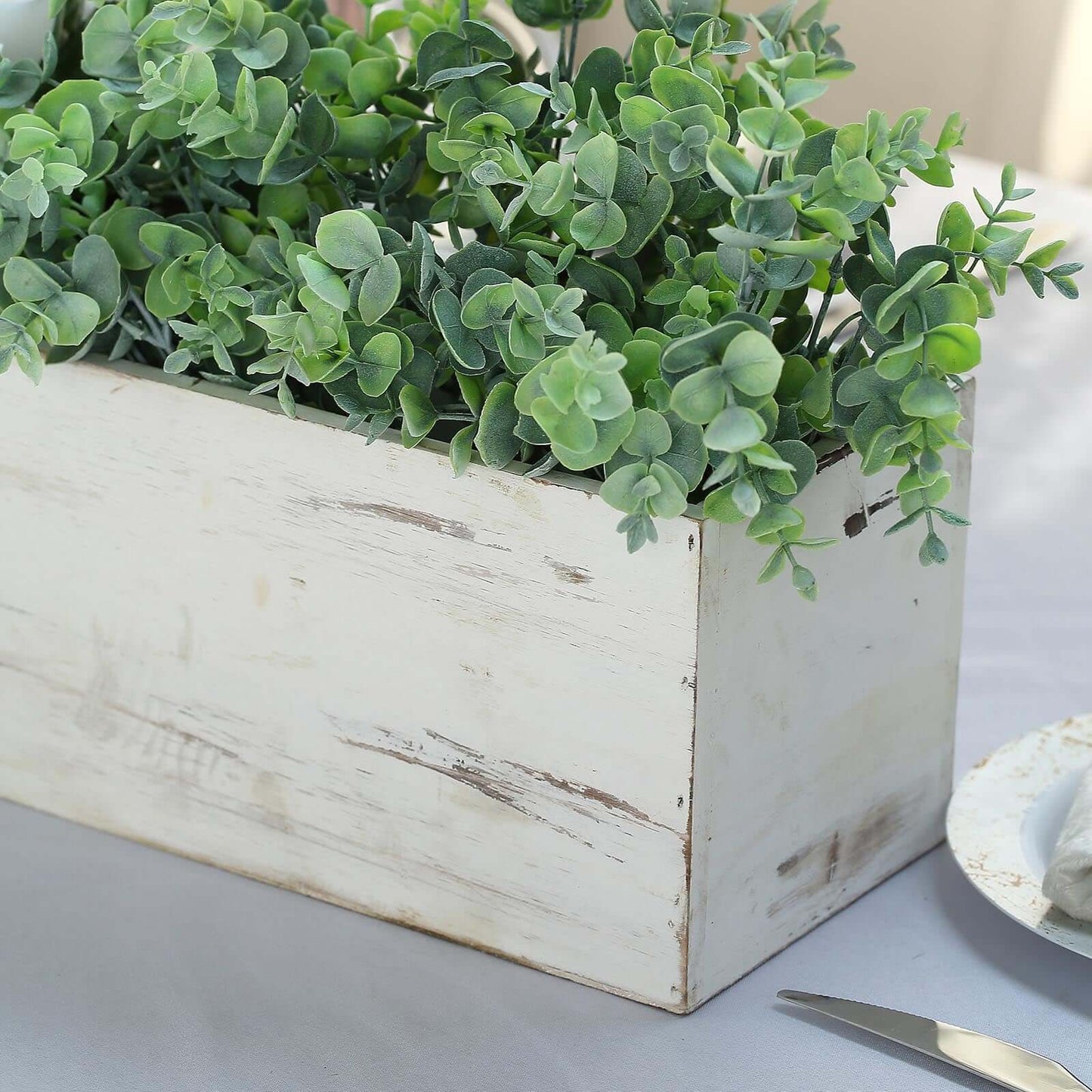 White Wood Planter Rectangular Box 30"x6"- Durable Decor with Removable Plastic Liner for Tables