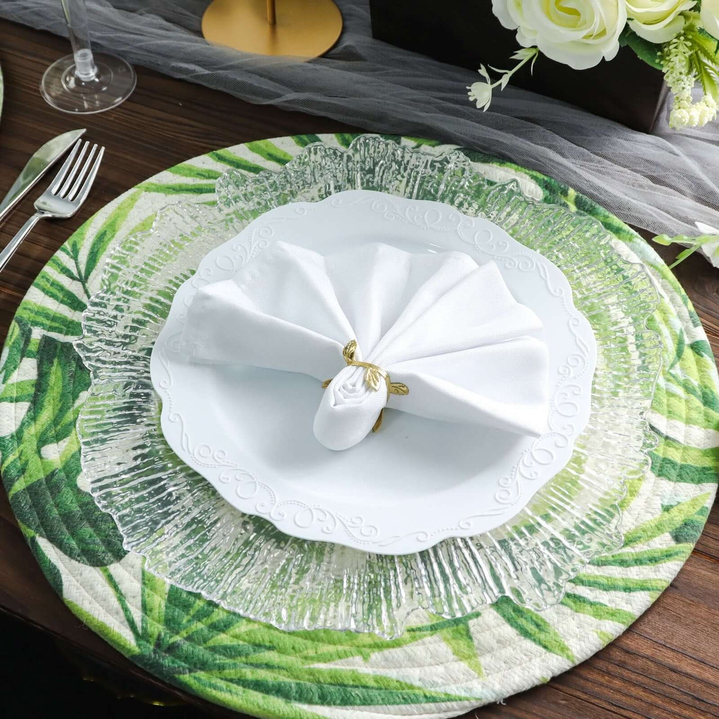 4-Pack Table Placemats Tropical Leaf Design Green Cotton Round - Woven Indoor/Outdoor Dining Mats 15"