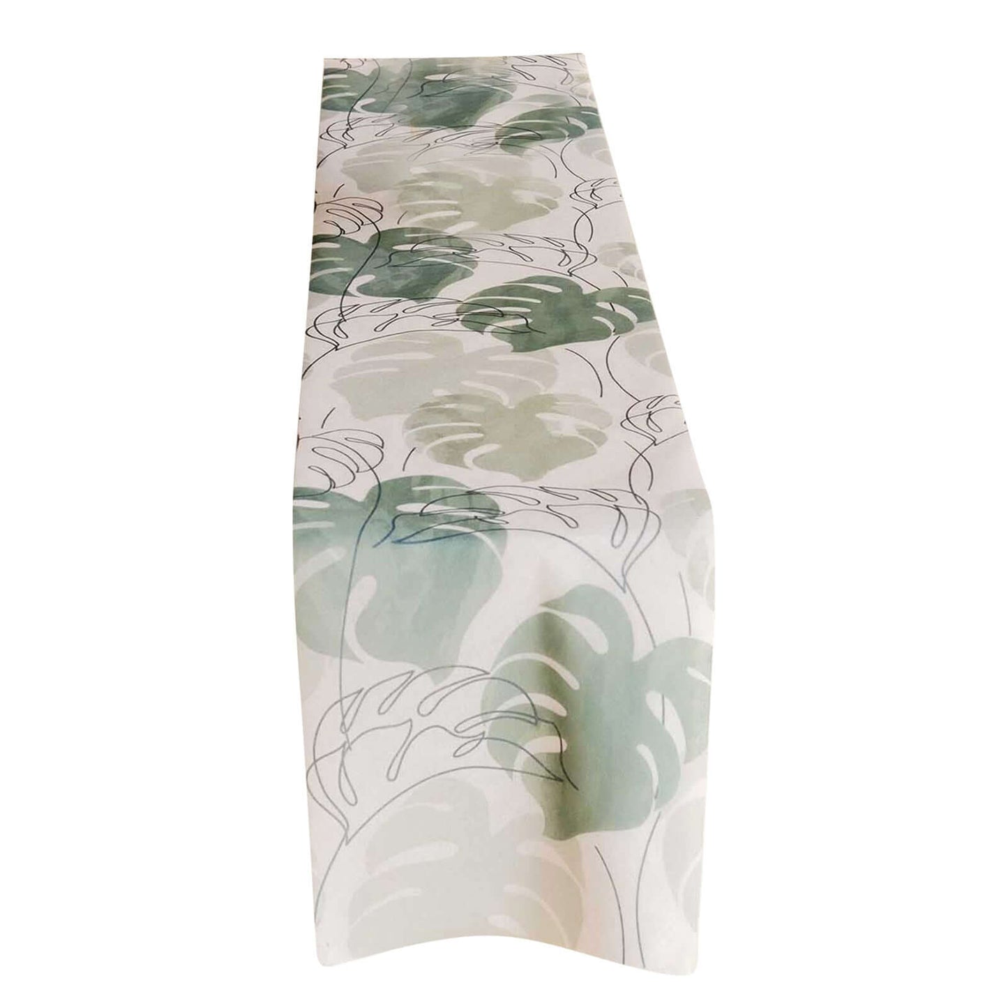Disposable Table Runner 11"x108" White with Green Monstera Palm Leaves Print - Non-woven Stylish Spring Summer Dining Decor