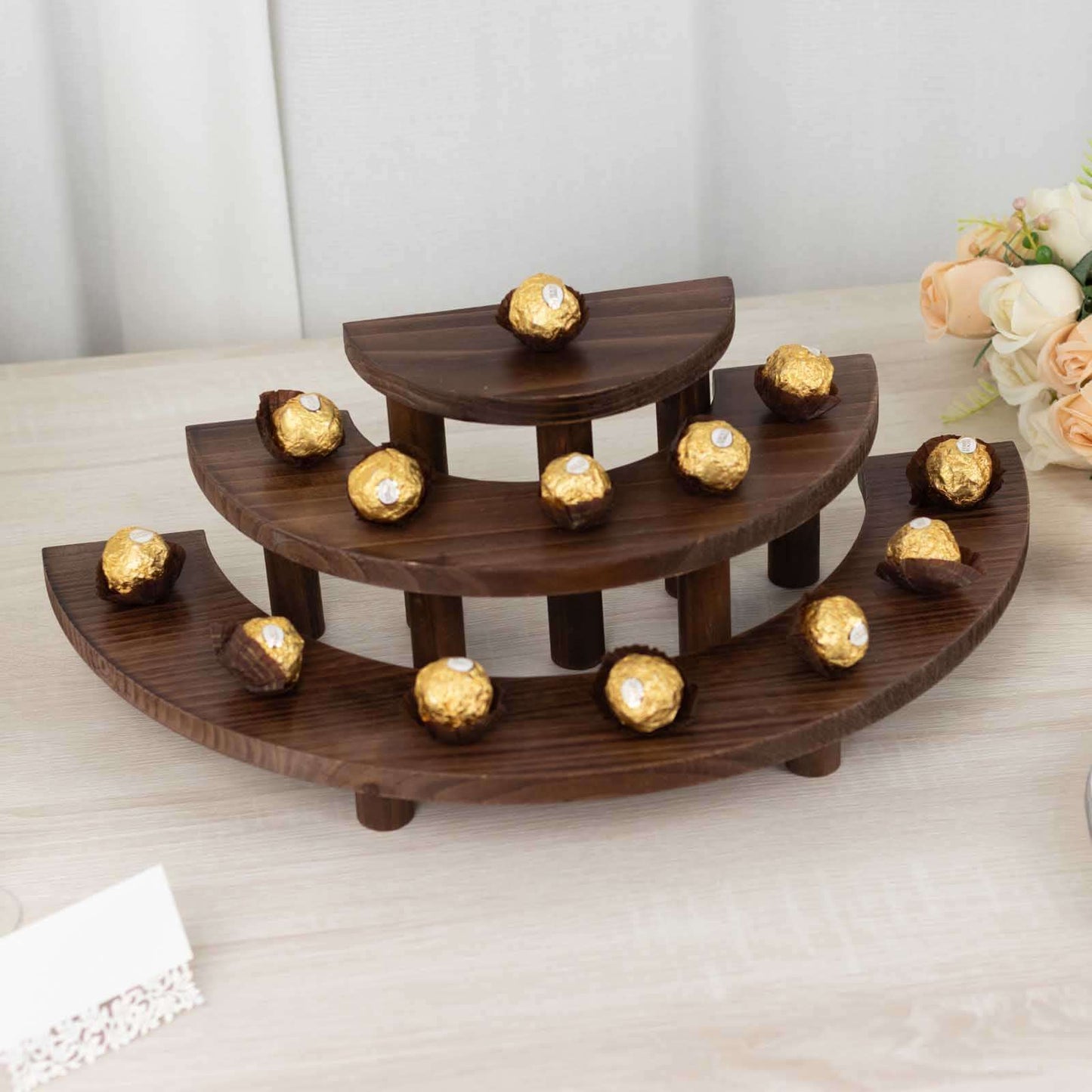 Set of 3 Wooden Dessert Pedestals Rustic Brown 3-Tier Semicircle Design - Half Moon Cupcake Display Risers 7", 13", 18"