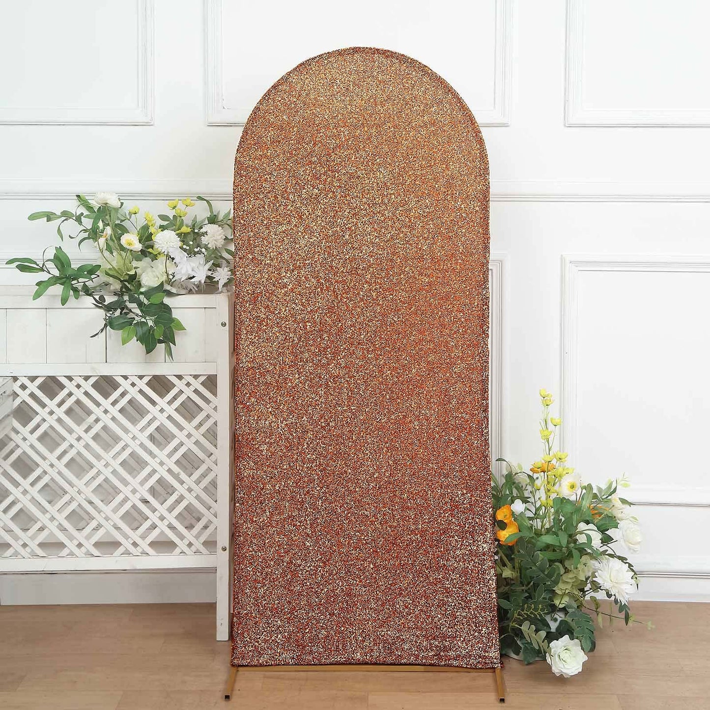 5ft Antique Gold Shimmer Tinsel Spandex Chiara Backdrop Stand Cover For Fitted Round Top Wedding Arch