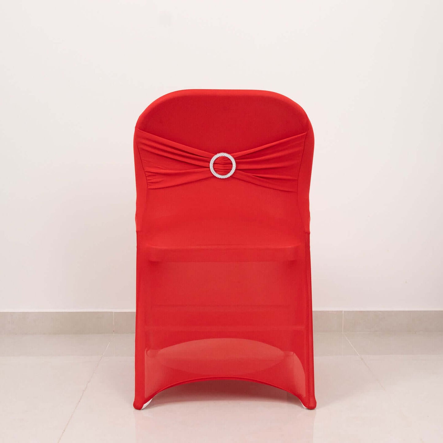 Stretch Spandex Chair Cover Red for Folding Chairs - Secure Fit Slipcover with Silver Rhinestone Buckled Sash Band