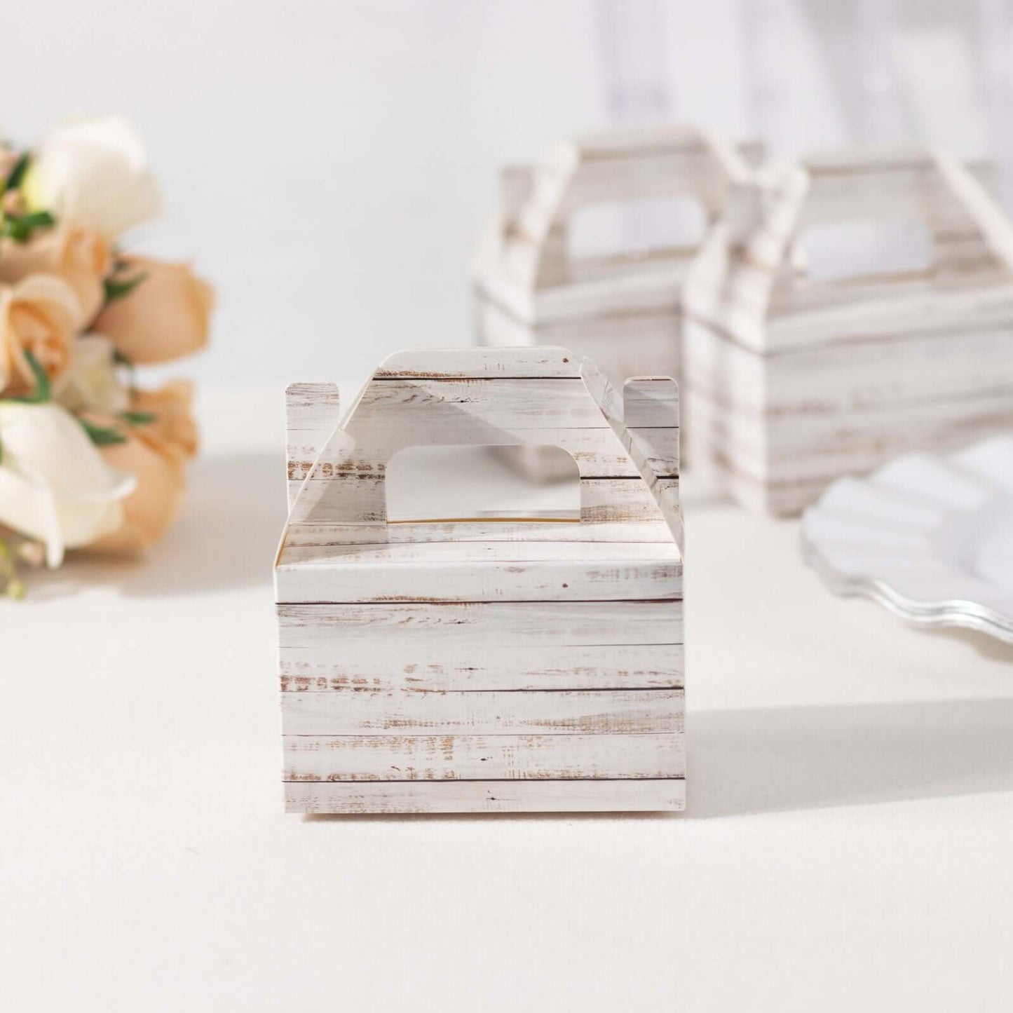 25 Pack Rustic White Candy Gift Tote Gable Boxes With Wood Plank Pattern, Party Favor Treat Boxes - 4"x2.5"x4.5"