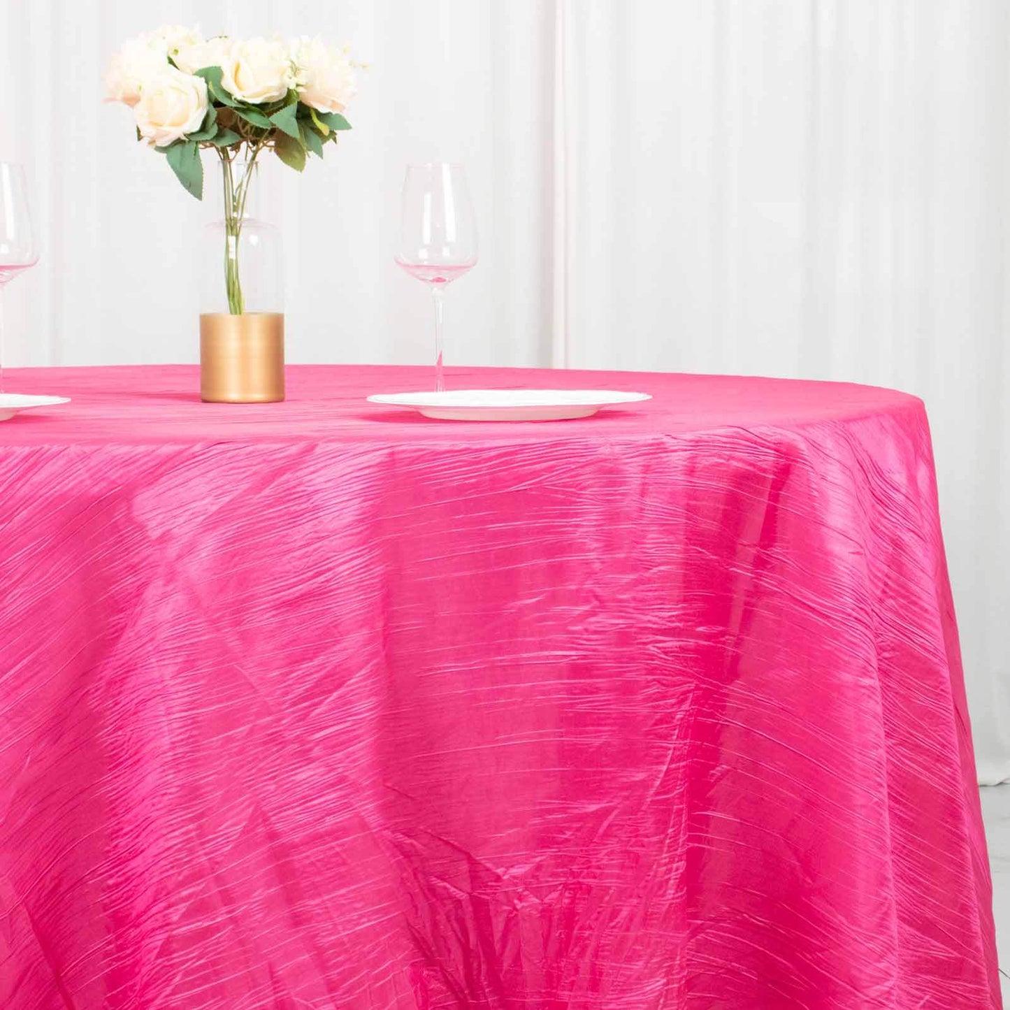 Taffeta 120" Round Tablecloth Fuchsia - Seamless Accordion Crinkle Table Cover