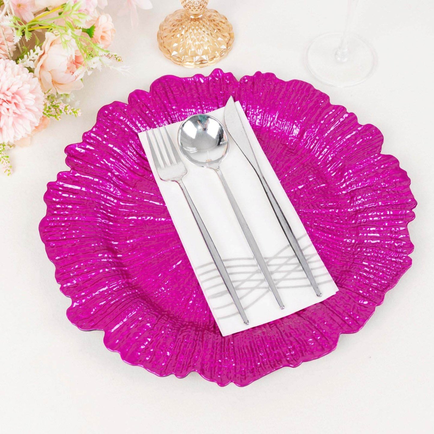 6-Pack Acrylic Plastic Round Charger Plates 13" in Fuchsia with Reef Design, Dinner Charger Tableware