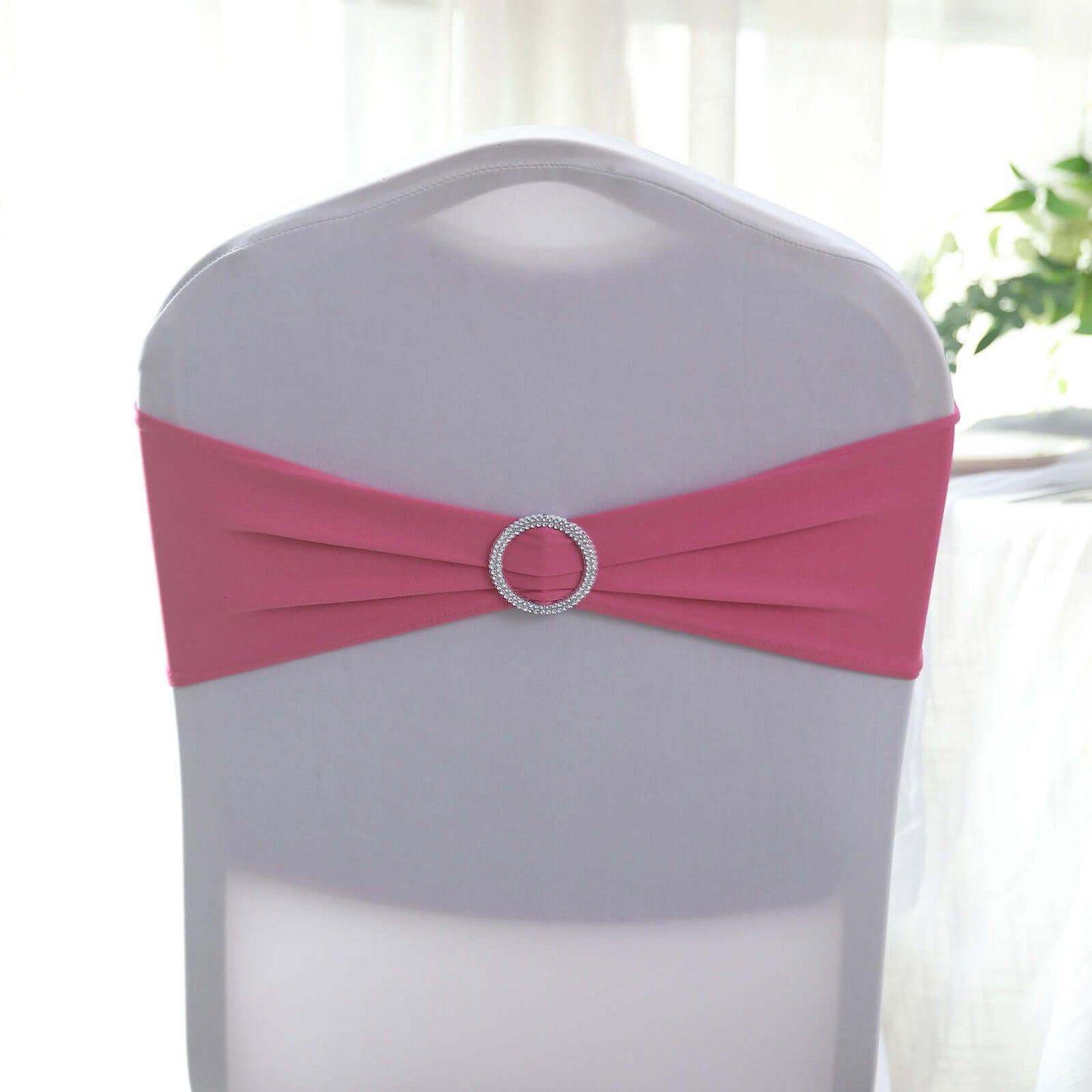 5 Pack Stretch Spandex Chair Sashes Fuchsia - Reusable Chair Bands with Silver Diamond Ring Slide Buckle 5"x14"