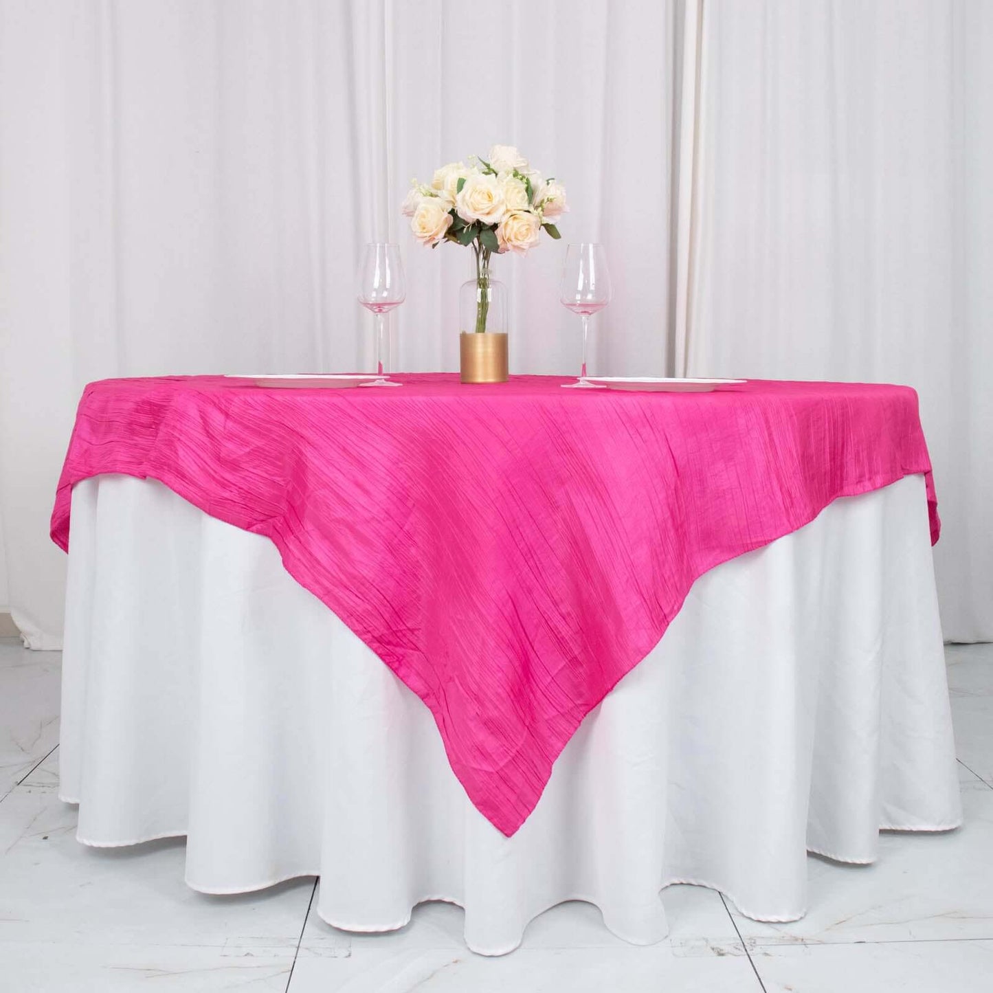 Taffeta 72"x72" Table Overlay Square Tablecloth Fuchsia - Accordion Crinkle Table Cover