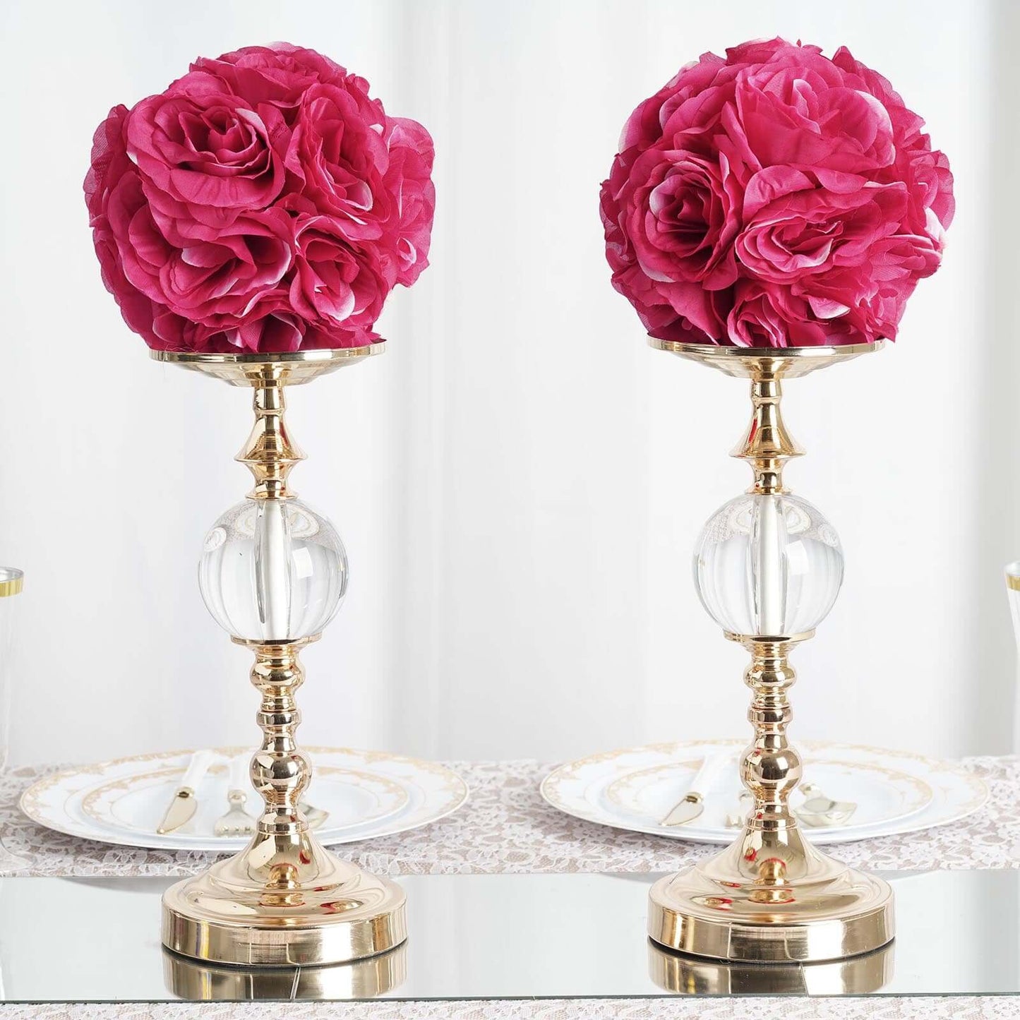 2 Pack 7" Fuchsia Artificial Silk Rose Kissing Ball, Flower Ball