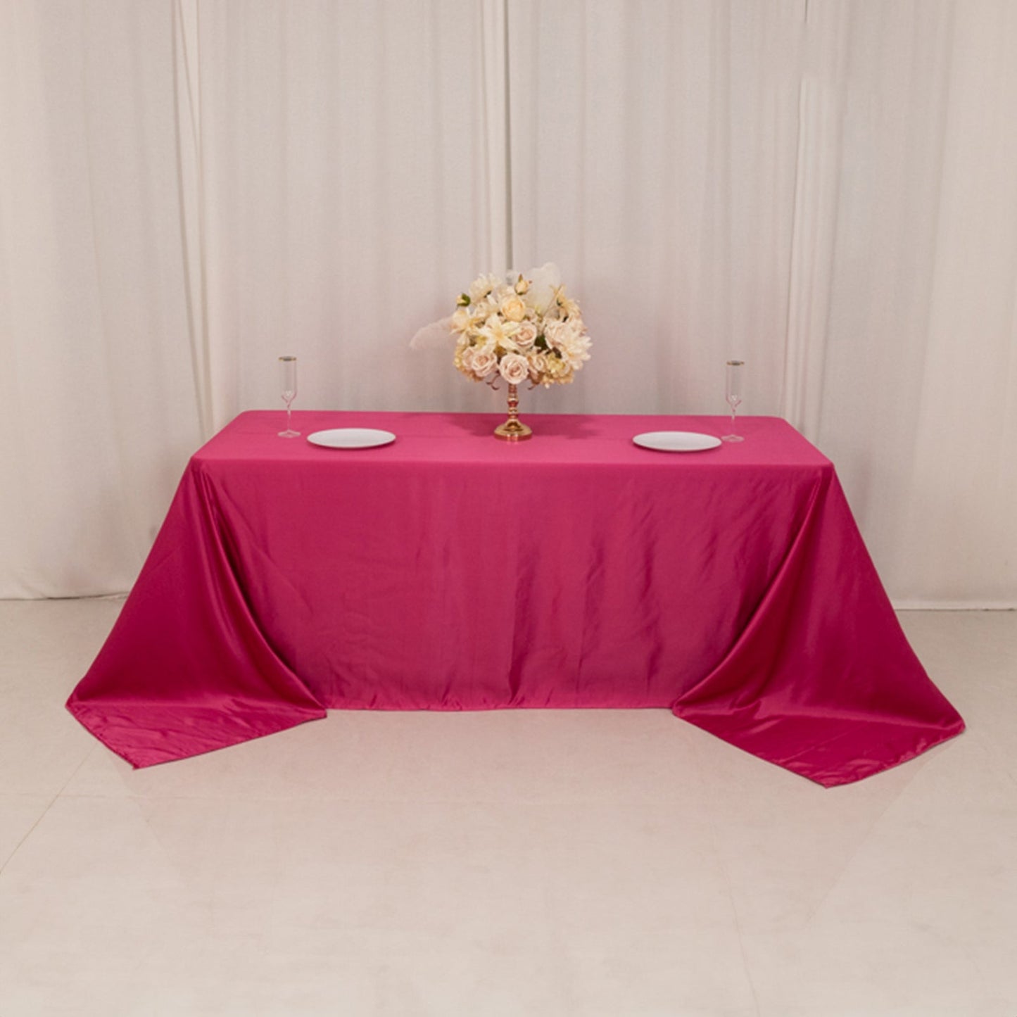Lamour Satin 90"x132" Rectangle Tablecloth Fuchsia - Soft & Silk-Like Seamless Table Cover
