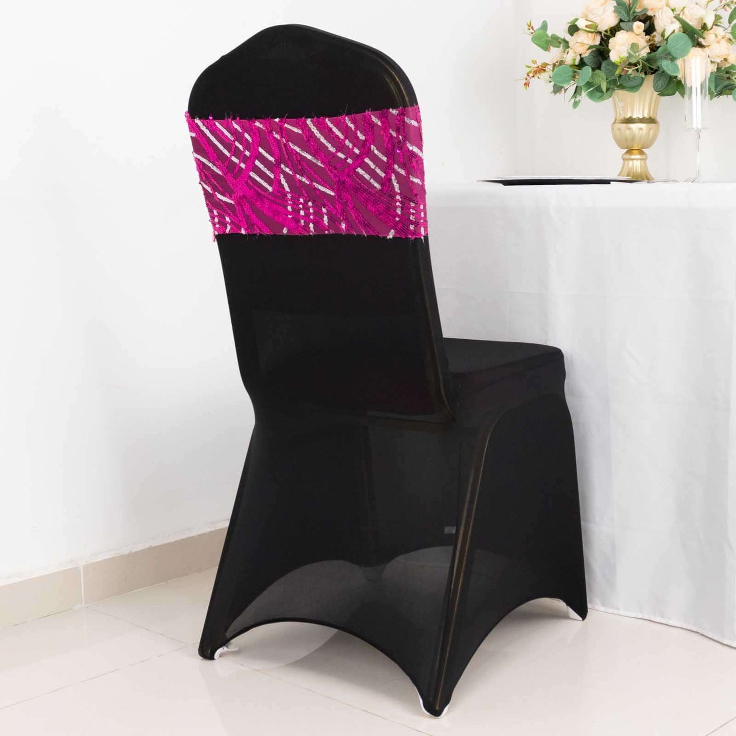 5 Pack Chair Sash Bands with Wave Embroidered Sequins Fuchsia/Silver