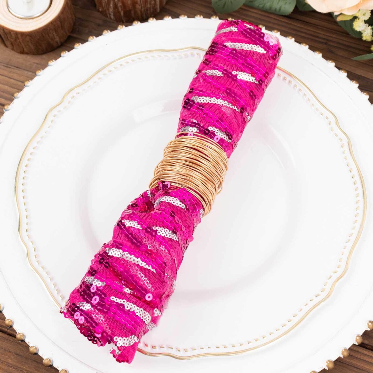 Sequin Mesh 20"x20" Napkin Fuchsia Silver - Wave Embroidered Reusable Napkin