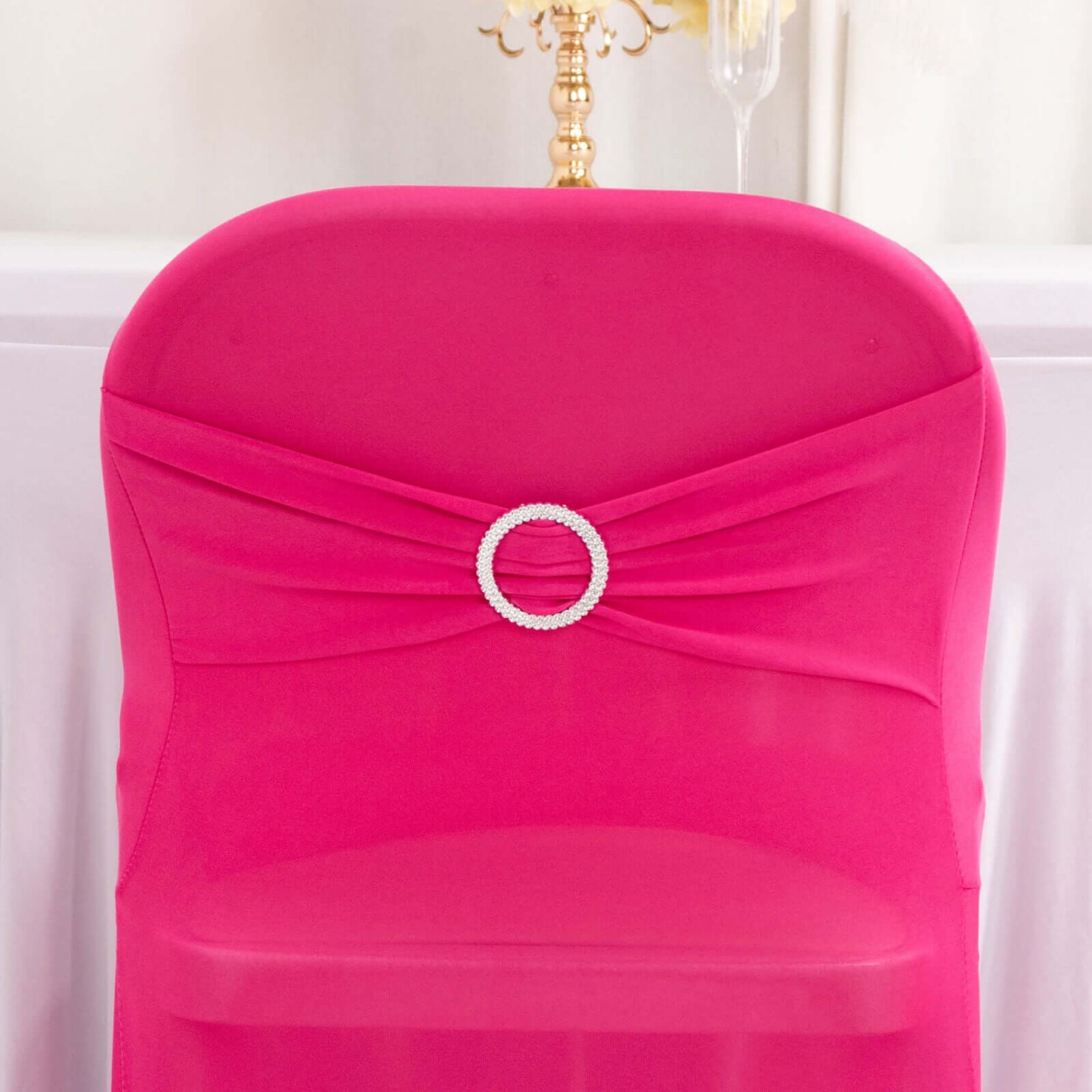 Stretch Spandex Chair Cover Fuchsia for Folding Chairs - Secure Fit Slipcover with Silver Rhinestone Buckled Sash Band
