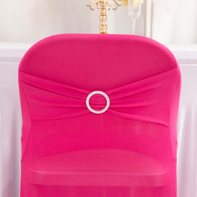 Stretch Spandex Chair Cover Fuchsia for Folding Chairs - Secure Fit Slipcover with Silver Rhinestone Buckled Sash Band