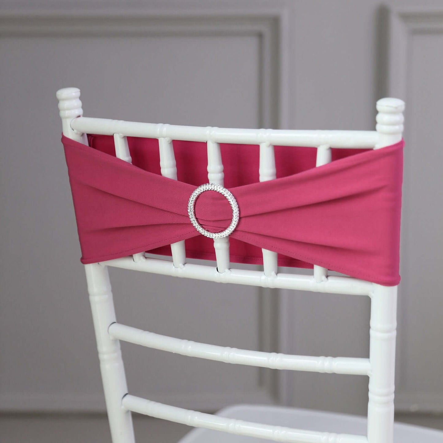 5 Pack Stretch Spandex Chair Sashes Fuchsia - Reusable Chair Bands with Silver Diamond Ring Slide Buckle 5"x14"