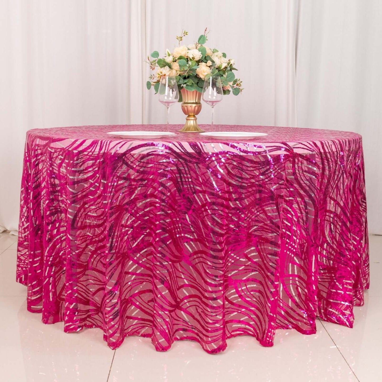 Sequin Mesh 120" Round Tablecloth Fuchsia/Silver - Seamless Wave Embroidered Table Cover