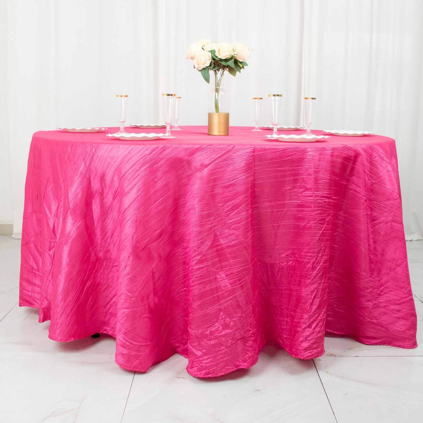 Taffeta 120" Round Tablecloth Fuchsia - Seamless Accordion Crinkle Table Cover