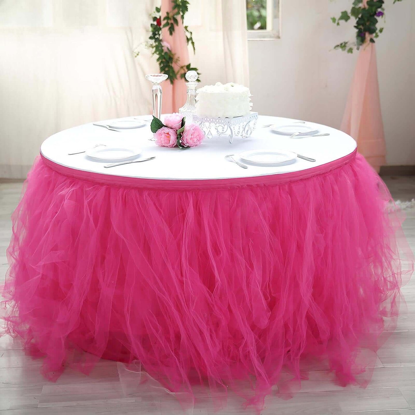 Tulle 14ft Table Skirt Fuchsia - 4 Layer Pleated Tutu Table Cover