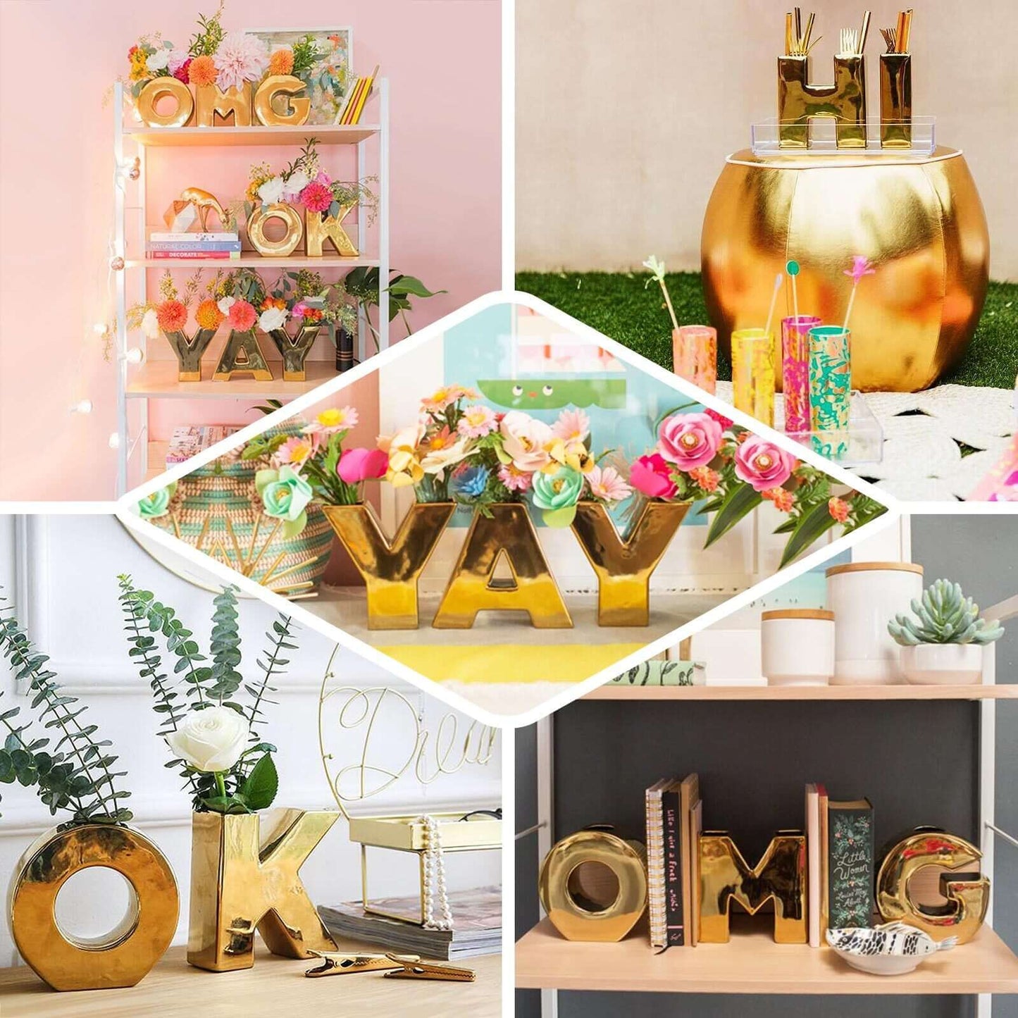Shiny Ceramic Vase Letter "S" Gold Plated - Chic Bud Planter Pot for Events & Decor 6"