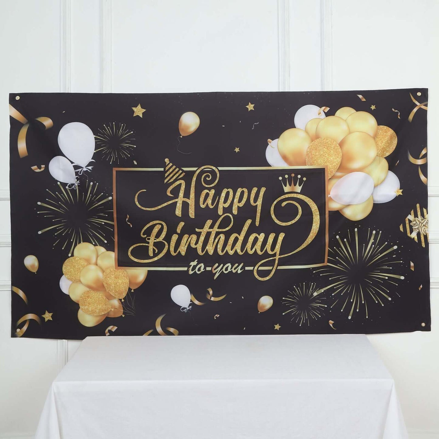 6ftx3ft Black Gold Happy Birthday Photo Booth Backdrop Decoration, Large Polyester Background Banner