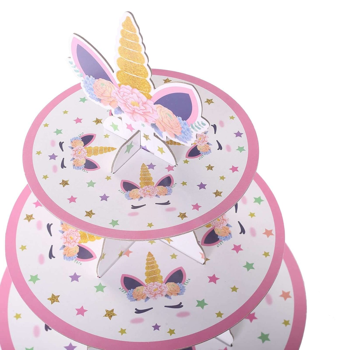 3-Tier Cardboard Cupcake Dessert Stand - Stable Treat Tower Display Holder for Unicorn Themed Girls Birthday Baby Shower Party Decor 15"