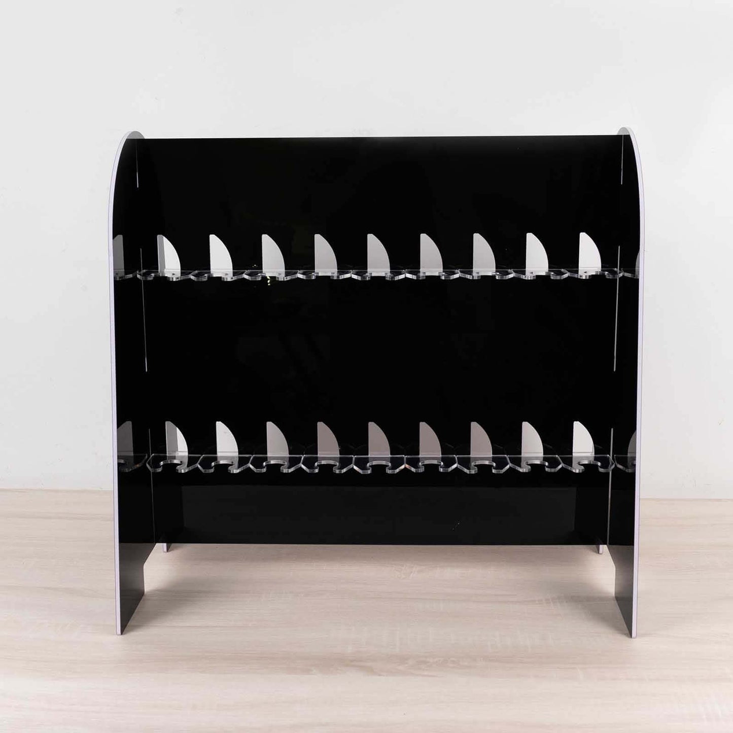 2-Tier Champagne Glass Holder Display Stand Table Top in Glossy Black - Modern Stemware Rack Cocktail Drink Holder with 18 Hooks for Events & DIY Bars 25"