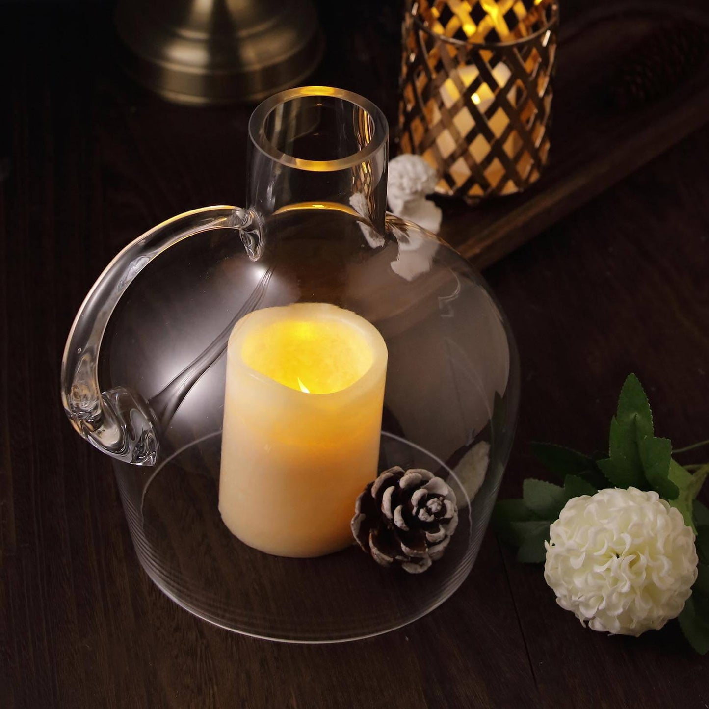 Glass Candle Holder Cloche Jar Dome Clear with Wooden Base - Stylish Centerpiece for Floral Displays 10"
