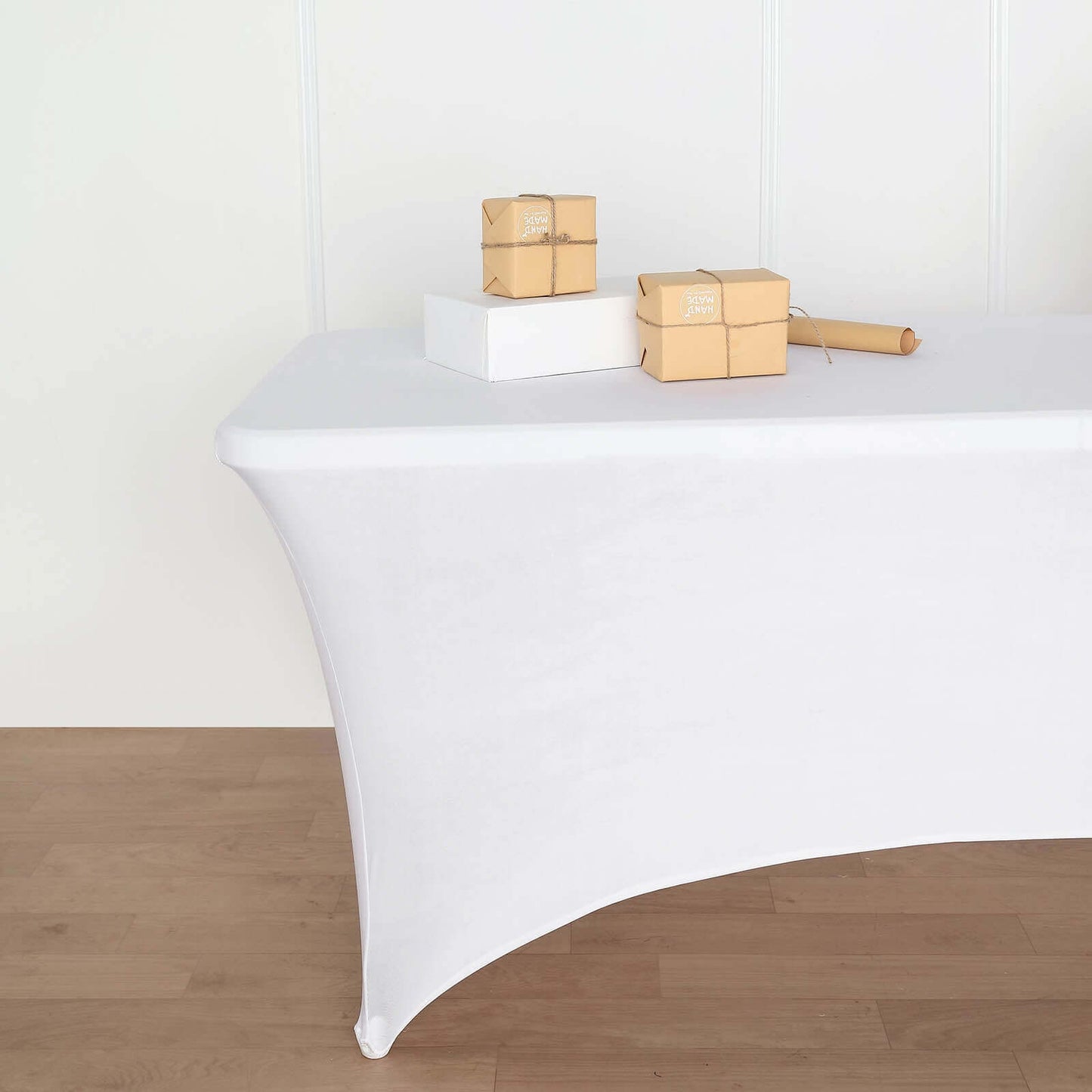 Stretch Spandex 72"x30" Rectangular Table Cover White with Curved Open Back Design Tailored Professional Look for Tradeshows, Events & Exhibitions