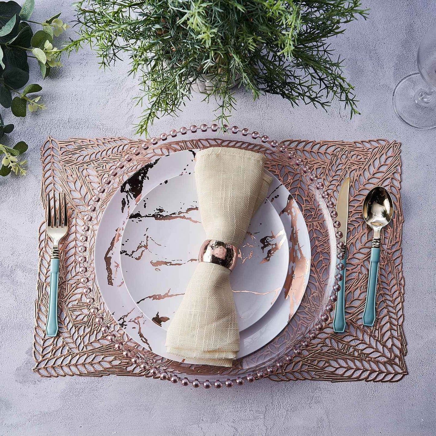 6-Pack Table Mats Wheat Design Rose Gold - Vinyl Rectangle Non-Slip Surface for Stylish Settings 12"x18"