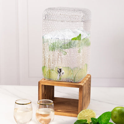 Gallon Clear Hammered Glass Beverage Dispenser Rectangular Juice Jar with Wooden Stand and Lid - Lead-Free Countertop