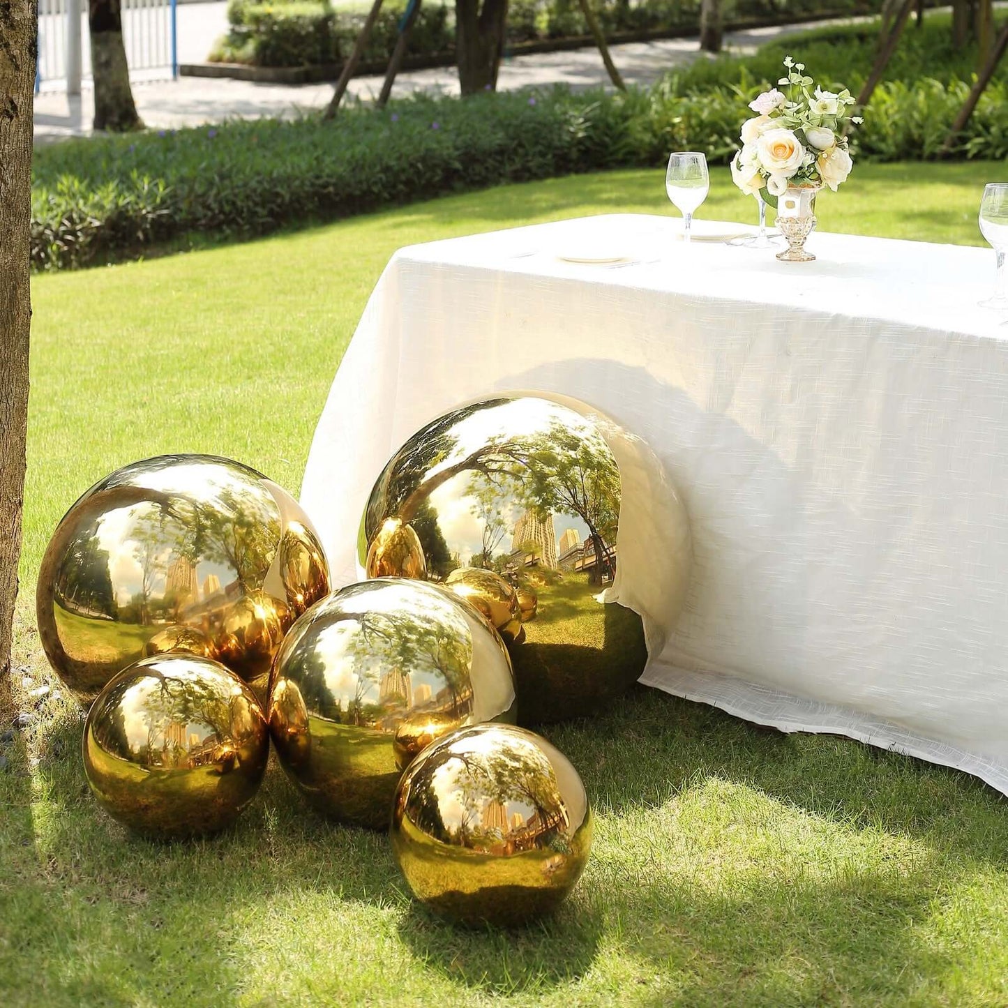 Gazing Globe Mirror Ball Reflective Hollow Stainless Steel Gold Sphere - Decorative Garden Display Ornament 22"