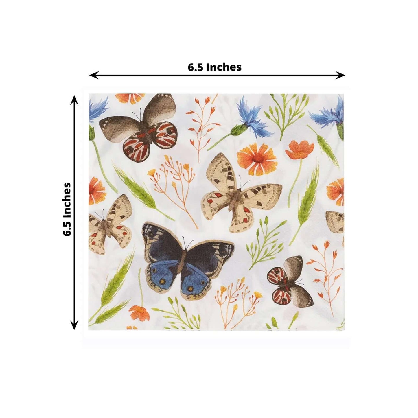 50-Pack Paper Beverage Napkins with Field Herbs and Butterfly Print Ivory - 2 Ply Disposable 18GSM Garden Party Napkins 6.5"x6.5"