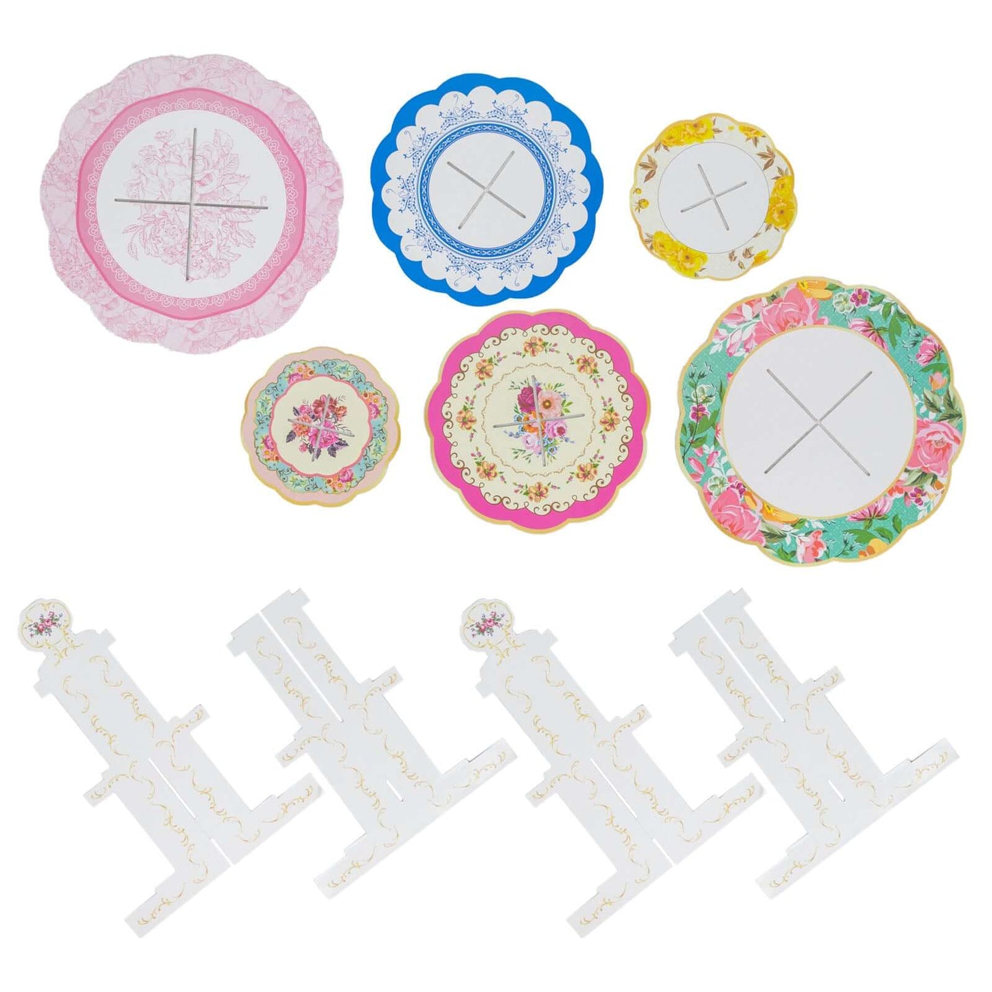 2-Pack Cardboard Round Cupcake Stand Assorted Floral Design - 3-Tier Reusable Dessert Display Pedestal With Scalloped Edges for Garden-Themed Celebrations 14"