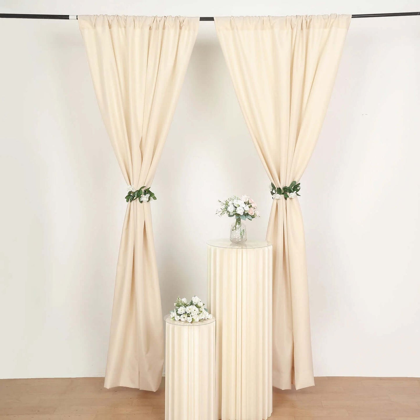 2 Pack Beige Polyester Event Curtain Drapes, 10ftx8ft Backdrop Event Panels With Rod Pockets 130 GSM