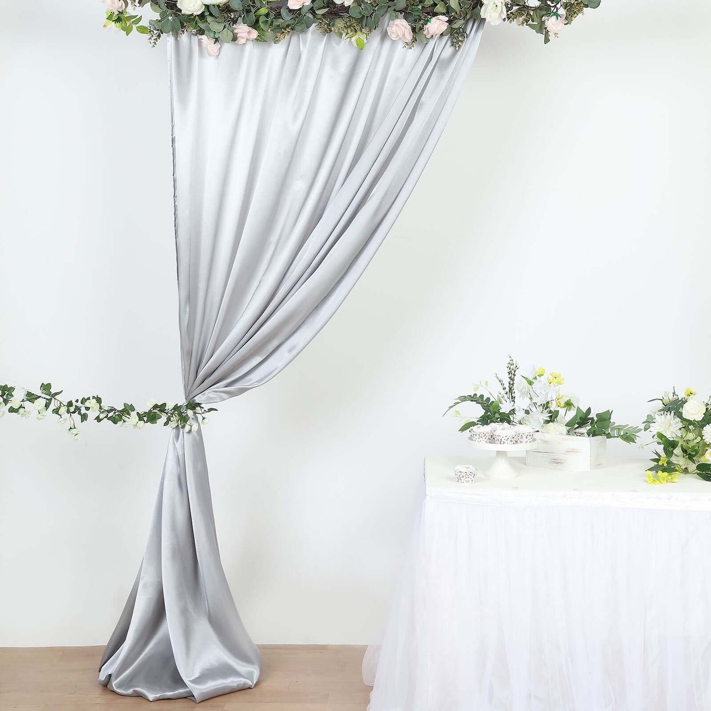 8ftx10ft Silver Satin Event Curtain Drapes, Backdrop Event Panel
