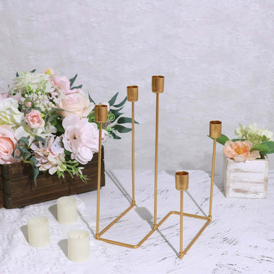 Taper Candle Holder Gold Metal 5-Arm Geometric Candelabra Design - Decorative Piece for Banquets and Celebrations 12"
