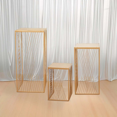 Set of 3 Gold Metal Rectangular Plant Stands with Geometric Crossed Lines Pattern, Nesting Cake Dessert Tables Floral Display Stands - 19",27",35"