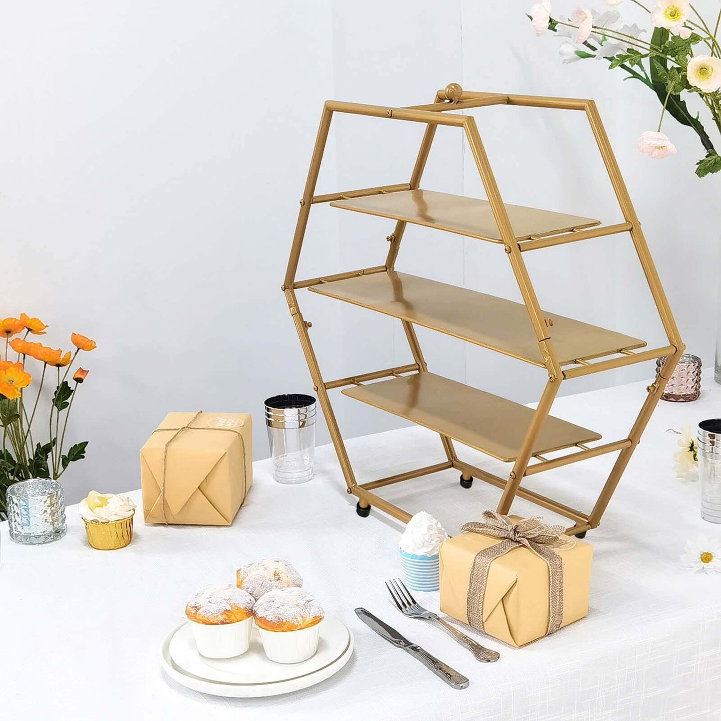 3-Tier Metal Hexagon Cupcake Stand Matte Gold - Stylish Geometric Dessert Holder Appetizer Display for Modern Weddings Dessert Buffets & Celebrations 21"