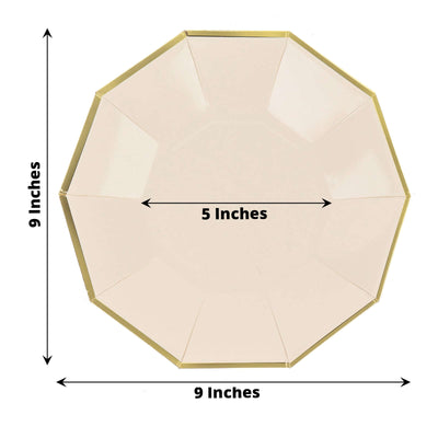 25-Pack Paper 9" Decagon Dinner Plates in Beige with Gold Foil Rim - Disposable Geometric Party Plates for Modern Weddings & Events