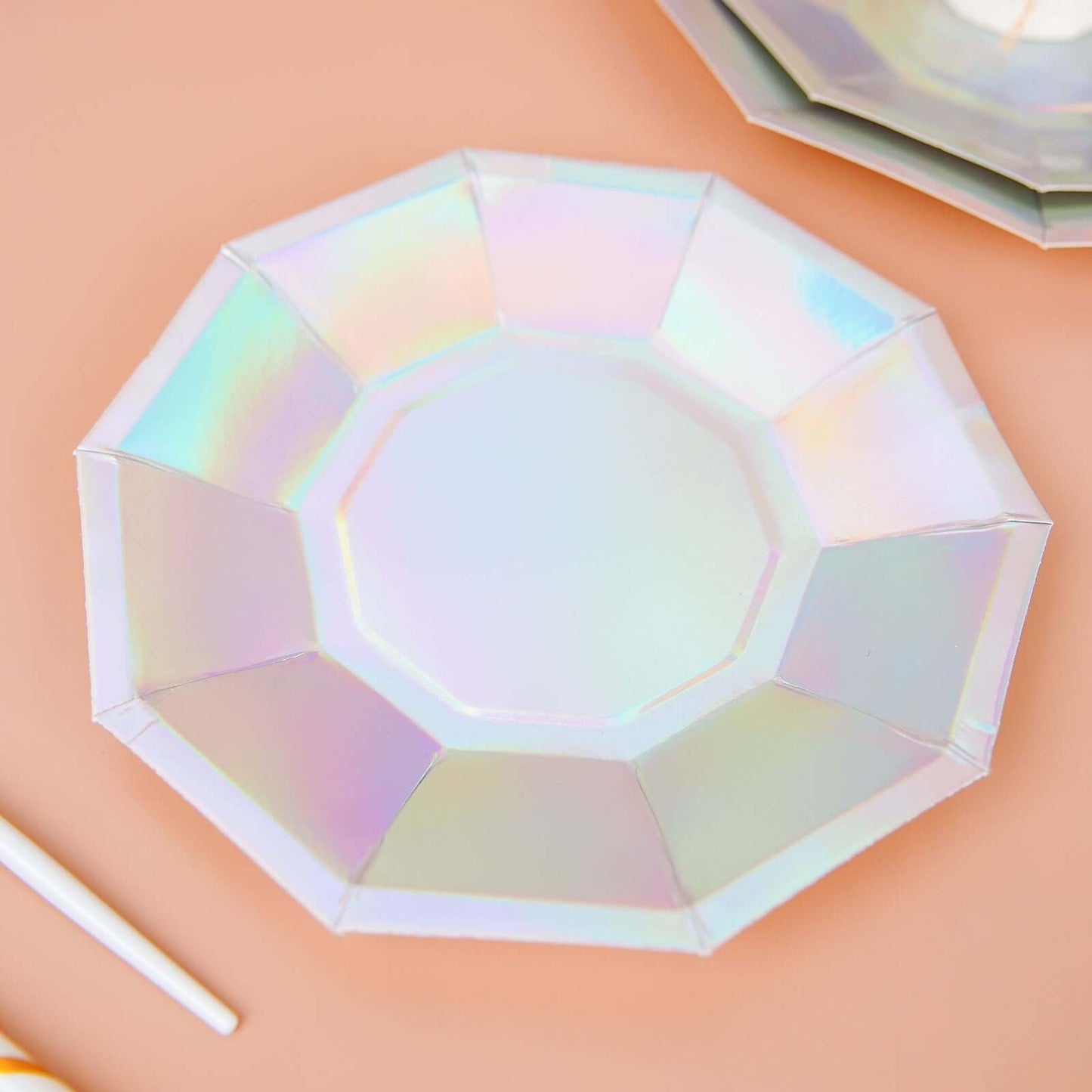 25-Pack Paper 7.5" Decagon Dessert Plates in Iridescent - Disposable Holographic Salad Plates for Starry Night & Fairytale Parties