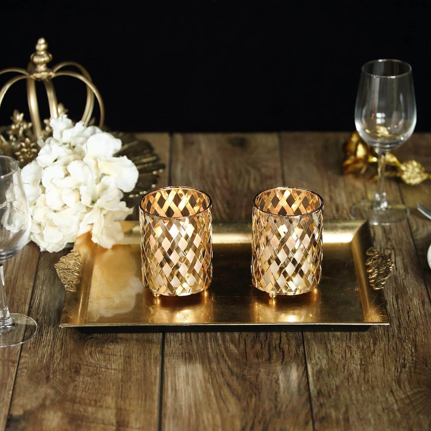 2-Pack Votive Candle Holders Gold Metal Diamond Cut Geometric Design - Perfect for Home DÃ©cor and Events 4"